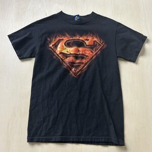Superman‎ Shirt Youth Small Black Flaming S Logo DC Comics Graphic Tee T-Shirt